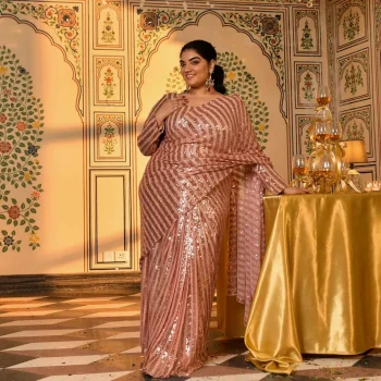 Queen Mary- Metallic Rose Sequin Embellished Stretchable Drape Saree