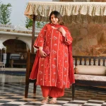 Apple Rush- Rust Orange Thread Embroidered Mul Chanderi Suit Set